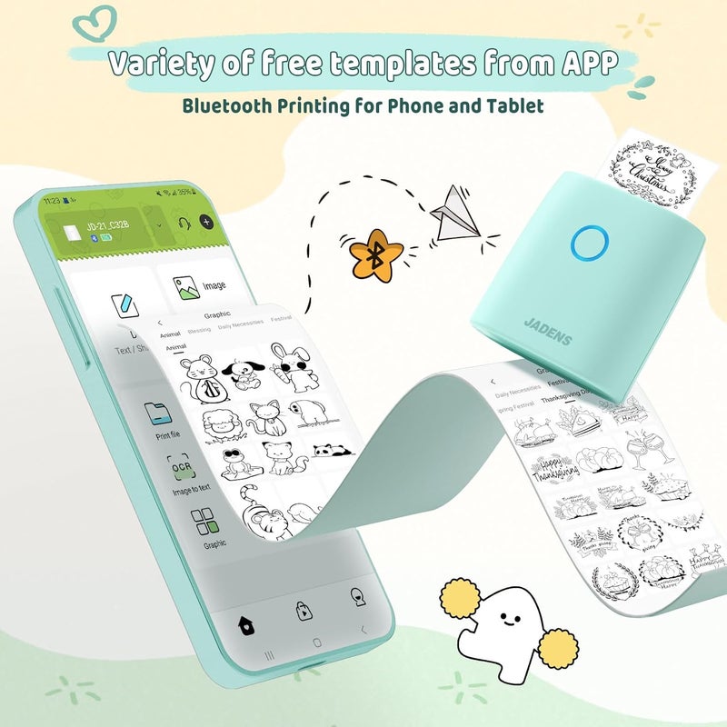 JADENS Sticker Printer, Mini Printer for iPhone, Bluetooth Thermal Sticker Maker Machine, Pocket Inkless Phone Printer for Children's Gift, Study Notes, Learning Assistance, Journal(Green) - Image 3